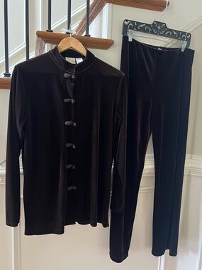 Paradox Dark Chocolate Brown Velvet Mandarin Collar Straight-Leg Pant Set